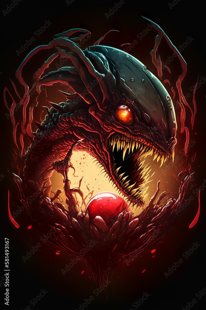 Dark sci-fi horror alien insect type creature hatching from egg concept ...