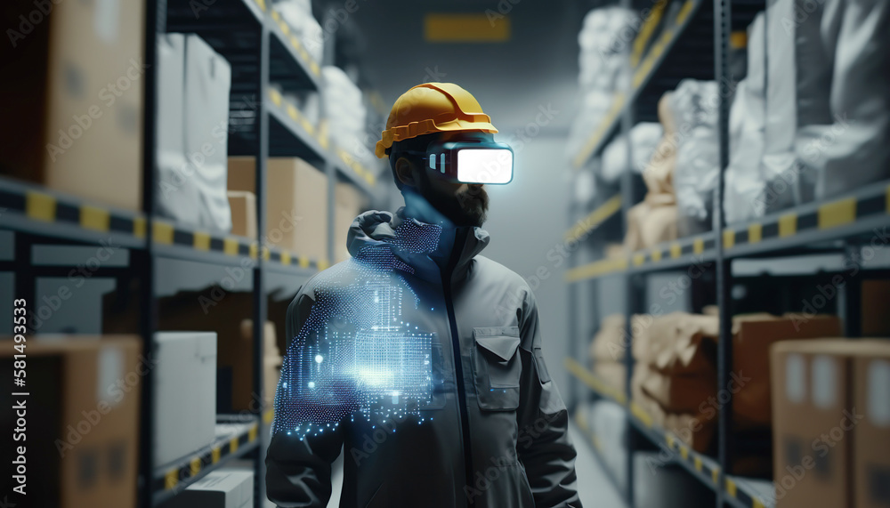 stock clerk or warehouse clerk with smart system virtualization for quality control work.Virtual reality technology.safety management concepts.ai generated images stock clerk or warehouse clerk with smart system virtualization for quality control work.Virtual reality technology.safety management concepts.ai generated images