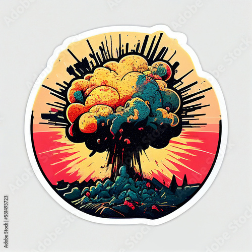 Bright multi-colored atomic explosion. Sticker..