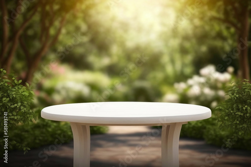 Smooth blank empty table  in the middle of green park with trees and plants. Empty space for mock up product presentation  advertisement display.