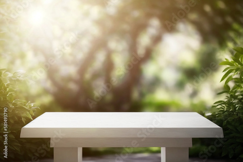 Smooth blank empty table, in the middle of green park with trees and plants. Empty space for mock up product presentation, advertisement display.