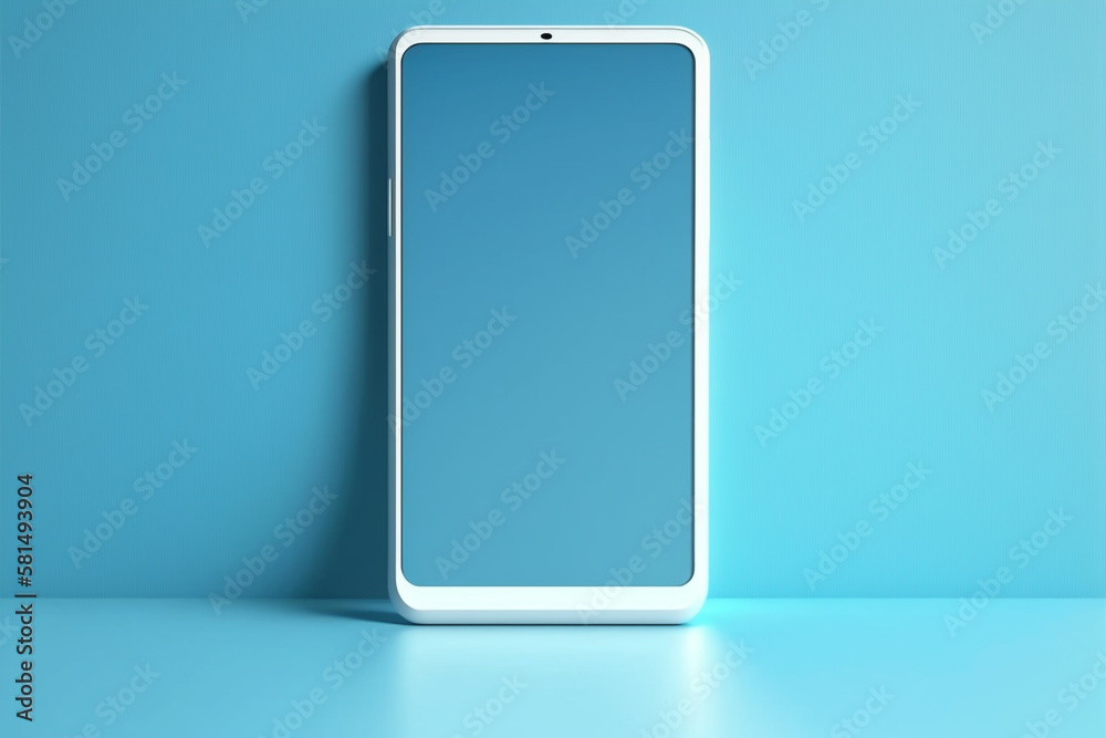 Person holding hand with blank mobile phone. Mock up for product advertising or image display, clean blue empty background.. Person holding hand with blank mobile phone. Mock up for product advertising or image display, clean blue empty background..