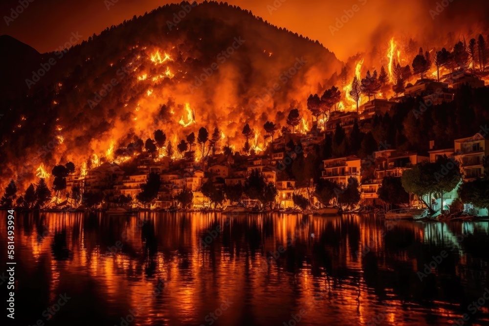 Marmaris, Mugla, Turkey – August 2, 2021. Flames of forest fire in Hisaronu neighbourhood of Marmaris resort town in Turkey, on August 2, 2021. Generative AI