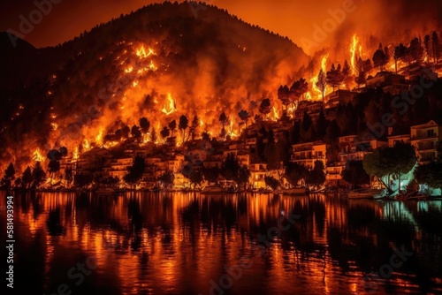 Marmaris, Mugla, Turkey – August 2, 2021. Flames of forest fire in Hisaronu neighbourhood of Marmaris resort town in Turkey, on August 2, 2021. Generative AI
