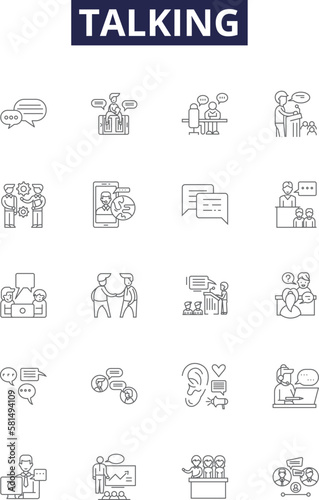 Talking line vector icons and signs. Conversing, Dialogue, Discoursing, Gossiping, Orating, Shouting, Spewing, Speaking outline vector illustration set