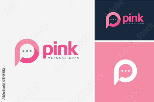 Initial Letter P Pink with dots bubble Chat for Message Talk Conversation Messenger Social Media Apps logo design