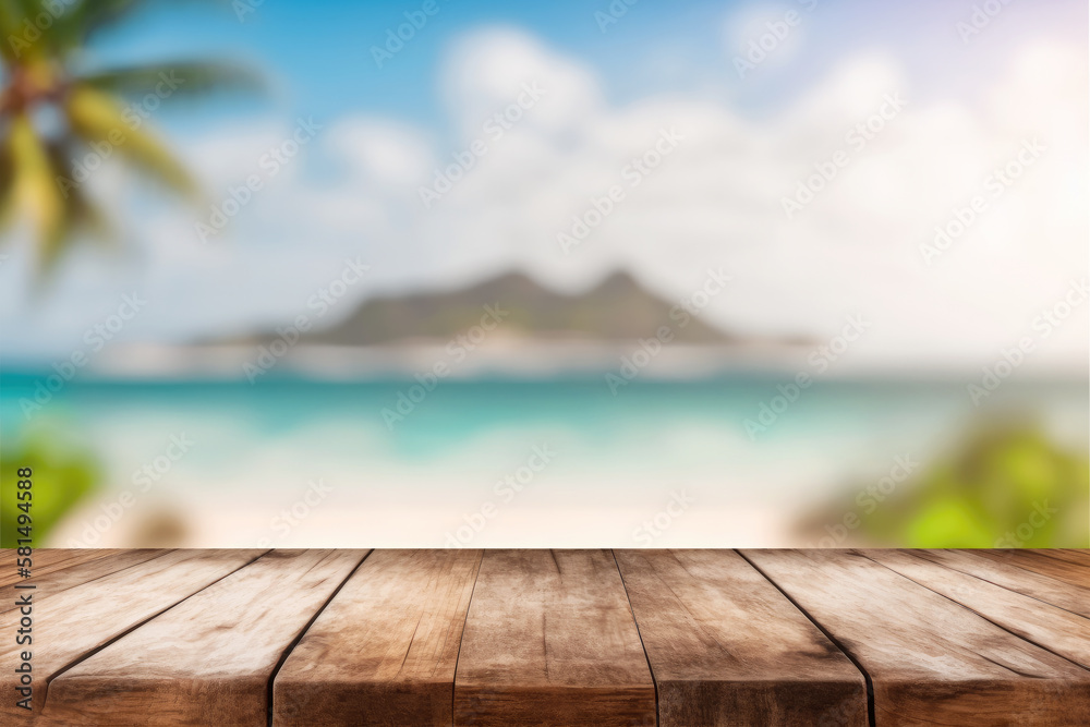 Rustic wooden table top for product display on summer beach background. Generative AI