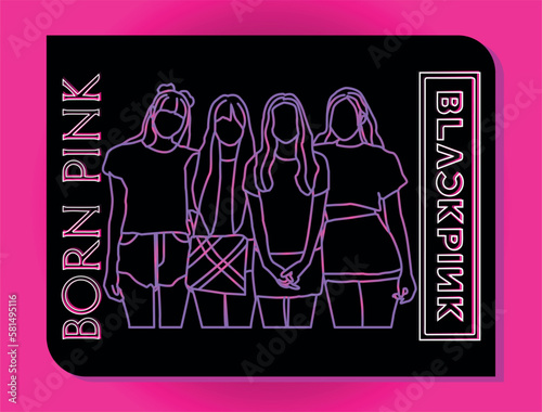 illustration of kpop idol group, black pink idol theme colored line art background, vector eps.10