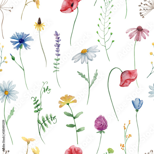 Seamless floral pattern of watercolor wildflowers