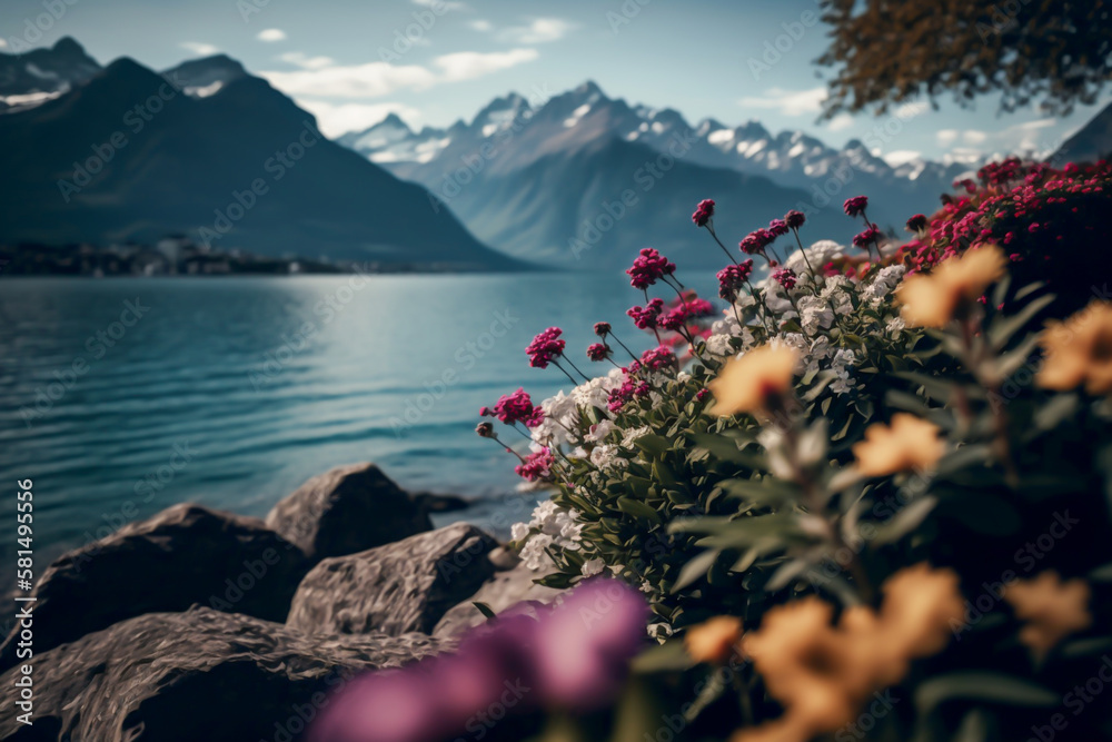 Close up of flowers in a mountains and lake background, spring, generative ai