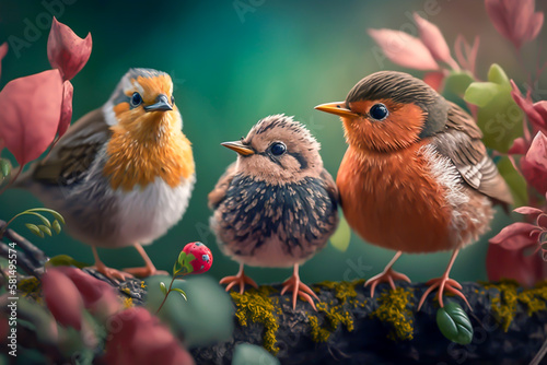 Cute little spring birds on the branch of a tree and flowers, bokeh background, generative ai © VicenSanh