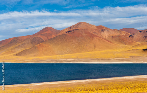Landscape with the lake Laguna Miscanti and barren volcanic mountains on the Altiplano the high altitude plateau of the Andes, northern Chile photo