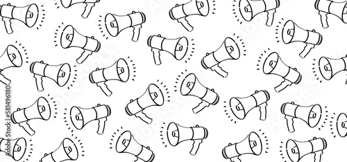 Cartoon megaphone, microphone to speak message symbol or logo. loudspeaker, microfoon pictogram. Horn, announcing for atention talk. Megaphone amplifier. Drawing talking news or for protest. Bullhorn.