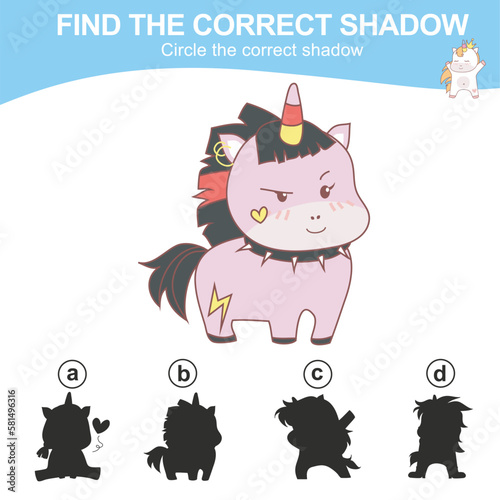 Find the correct shadow. Matching unicorn shadow game for children. Worksheet for kid. Educational printable worksheet. Vector illustration.