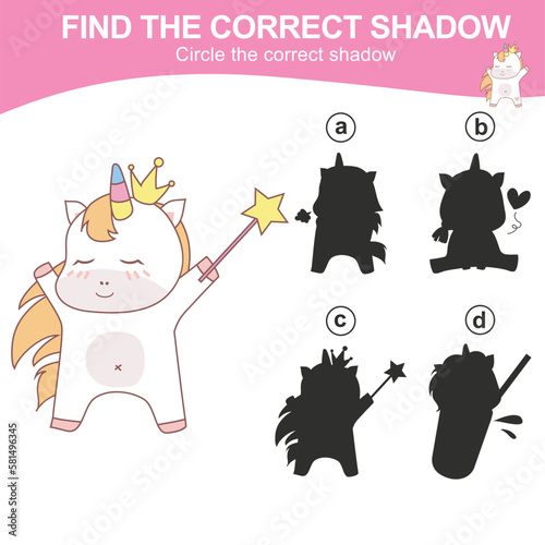 Find the correct shadow. Matching unicorn shadow game for children. Worksheet for kid. Educational printable worksheet. Vector illustration.