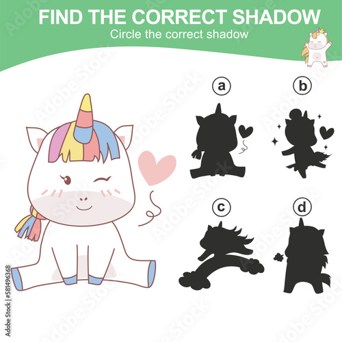 Find the correct shadow. Matching unicorn shadow game for children. Worksheet for kid. Educational printable worksheet. Vector illustration.