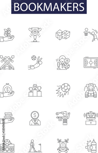 Bookmakers line vector icons and signs. Oddsmakers, Wagering, Gambling, Betting, Stakers, Punters, Handicappers, Linesmakers outline vector illustration set photo