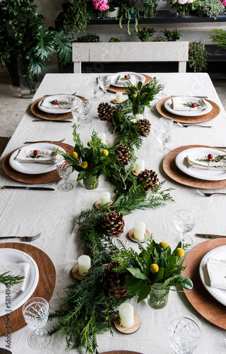 Aesthetic Home Decor Table Setting Wood Plates Cotton Linen and Beautiful Flowers