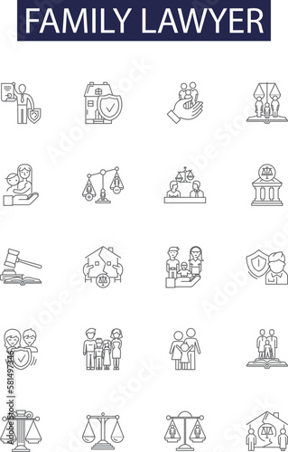 Family lawyer line vector icons and signs. family, legal, attorney, law, background, legislation, justice,gavel outline vector illustration set