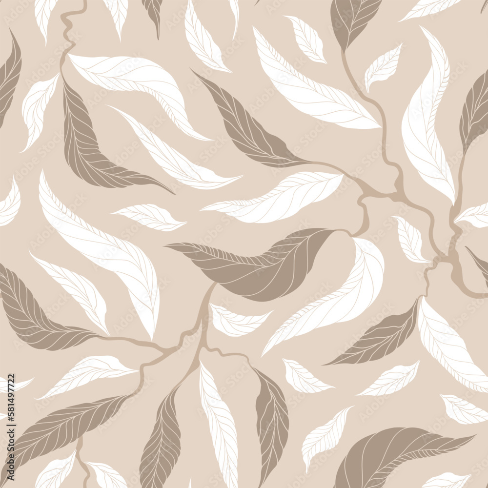 Fototapeta premium Leaves and branches in muted shades of white, pale brown and gray on a square beige background. Seamless floral pattern.