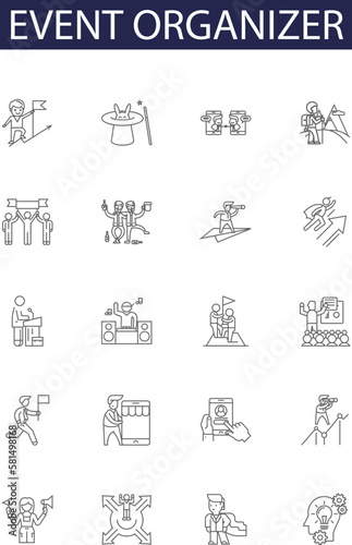 Event organizer line vector icons and signs. Organiser, Coordinator, Director, Arranger, Host, Producer, Controller, Custodian outline vector illustration set