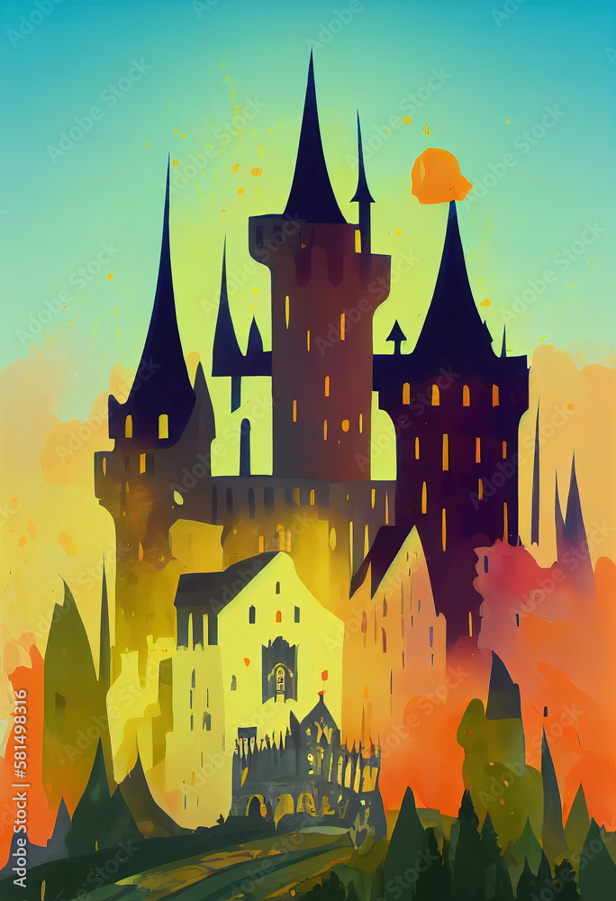 Fairytale castle in gothic style flat illustration. Abstract multicolored ancient castle. AI-generated