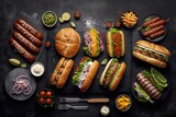 Buffet of hot dogs and hamburgers at the summer BBQ food table. view from above of a black slate background. Generative AI