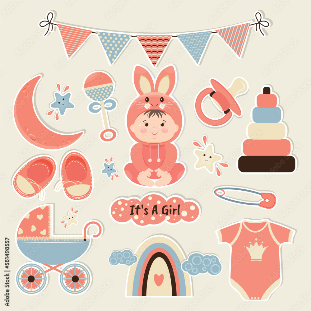 Baby shower. Cute baby girl in a bunny costume. A set of stickers for a newborn
