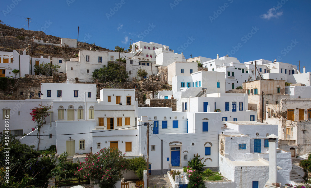 Cyclades, Greece. Tinos Greek island, Pyrgos village white color buildings, blue sky