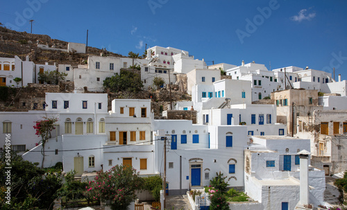 Cyclades, Greece. Tinos Greek island, Pyrgos village white color buildings, blue sky