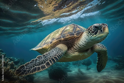 In Hawaii's warm Pacific Ocean waters, a threatened Hawaiian Green Sea Turtle sails. Generative AI © AkuAku