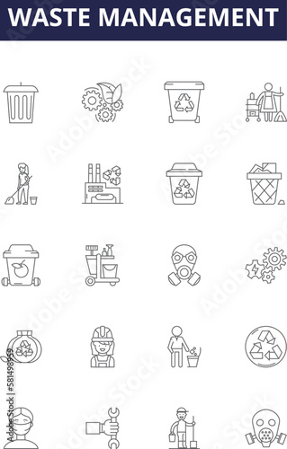 Waste management line vector icons and signs. disposal, landfill, composting, sustainability, pollutants, hazardous, minimization, reuse outline vector illustration set
