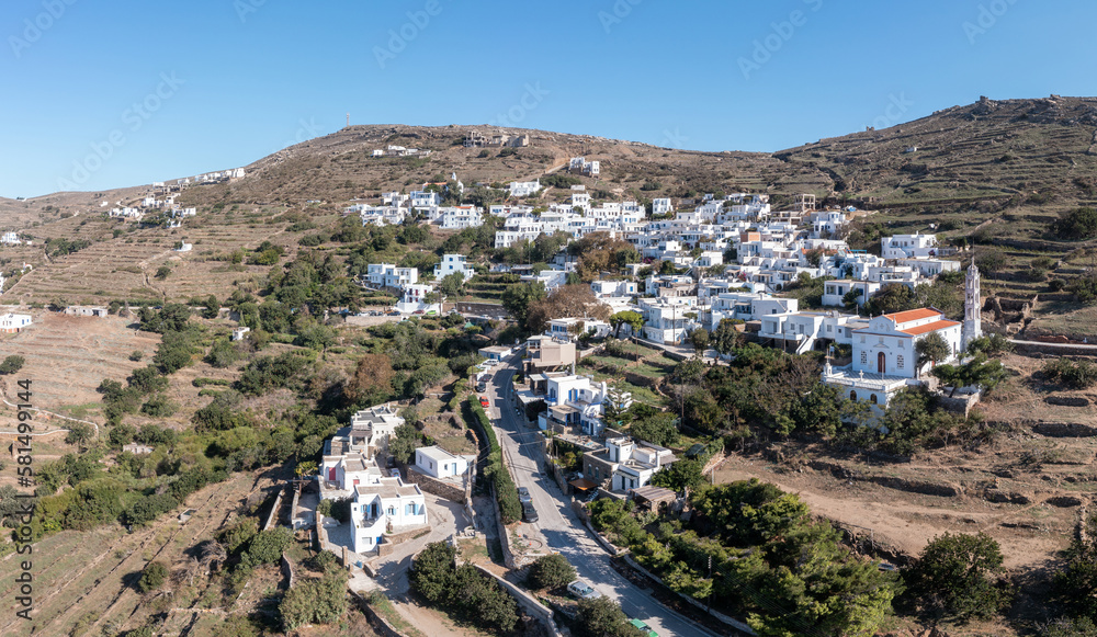 Cyclades, Greece. Tinos Greek island, Kardiani mountain village aerial view