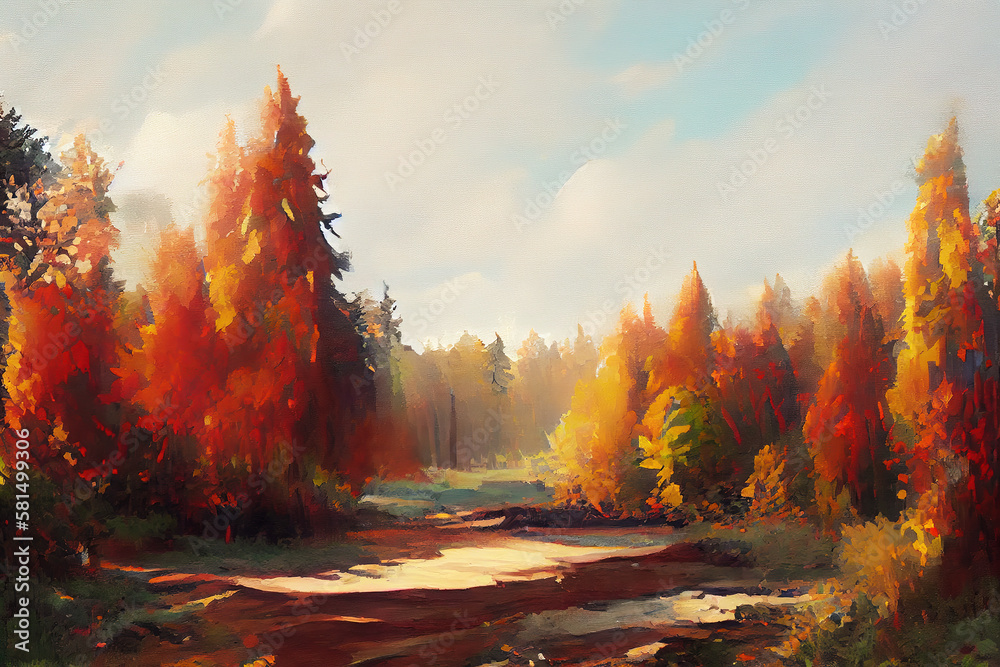 Scenic autumn forest on a sunny day. Picturesque nature in autumn. Imitation of oil painting. AI-generated