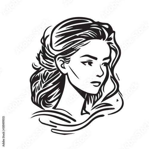 Beautiful woman face. Hand drawn vector illustration of female face. Head logo.