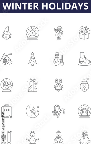 Winter holidays line vector icons and signs. Snow, Yuletide, Vacation, Skiing, Sledding, Sleigh, Gifts, New Year outline vector illustration set