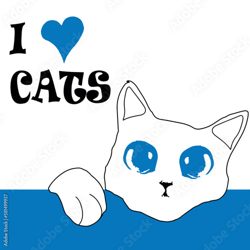 I love cats with hearts and blue eyes. Kitten lying on blue rectangle. Minimalist animal love art.