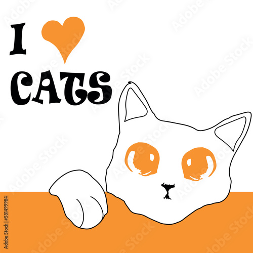 I love cats with orange hearts and eyes. Kitten lying on orange rectangle. Minimalist animal love art.
