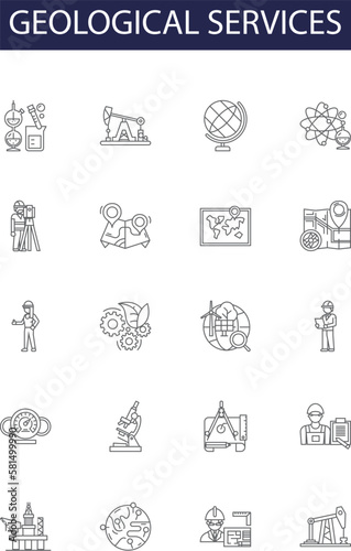 Geological services line vector icons and signs. Services, Surveying, Sampling, Drilling, Mapping, Analysis, Hydrology, Reporting outline vector illustration set