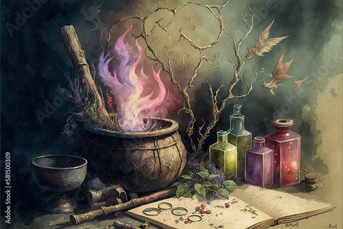 Wiccan magic, wicca magic books and witchcraft staff still life. Witch cauldron, witchcraft magic. AI generative photo
