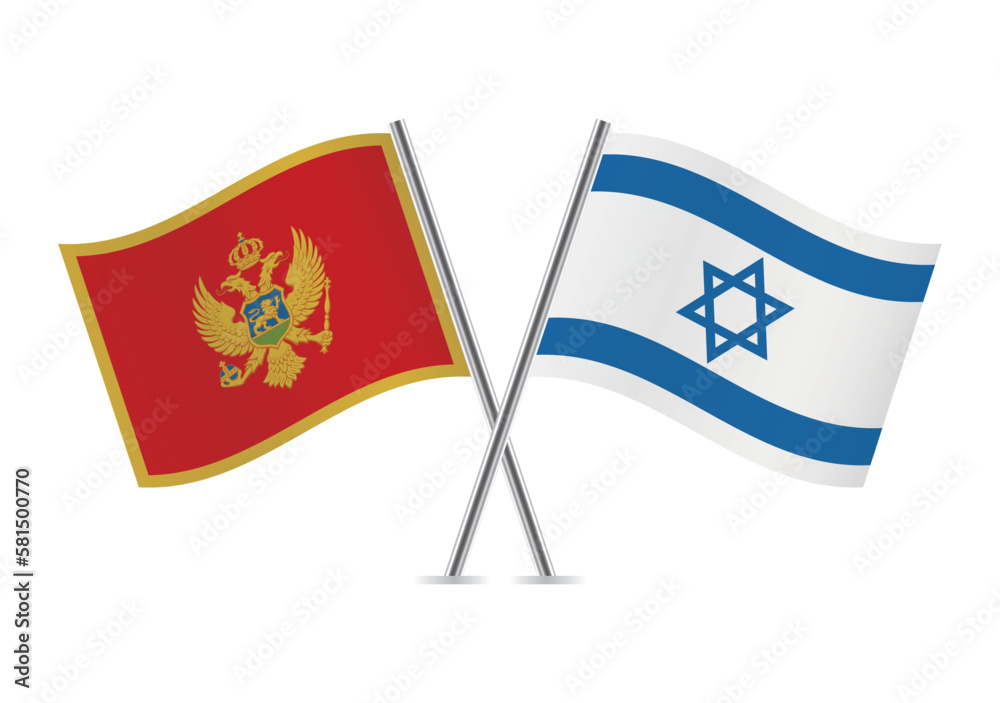 Montenegro and Israel crossed flags. Montenegrin and Israeli flags, isolated on white background. Vector icon set. Vector illustration. Montenegro and Israel crossed flags. Montenegrin and Israeli flags, isolated on white background. Vector icon set. Vector illustration.
