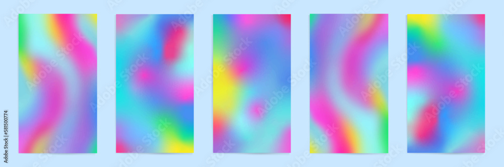 Holographic vertical backgrounds, templates for social media posts and stories banners. Blurry abstract designs. Wavy rainbow gradient layout template set. Vector illustrations with gradient mesh.
