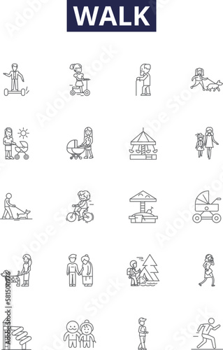 Walk line vector icons and signs. trek, march, stride, wander, pacing, ambulate, hike, roam outline vector illustration set