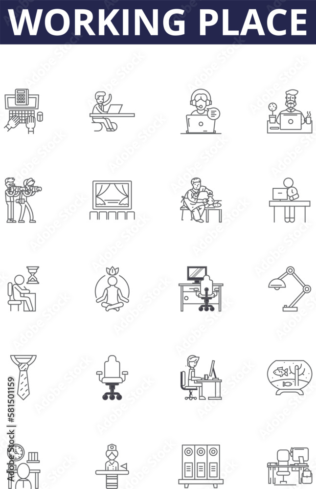 Working place line vector icons and signs. cubicle, space, desk, job, site, area, environment, workplace outline vector illustration set