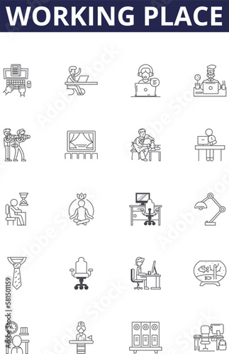 Obraz na płótnie Working place line vector icons and signs. cubicle, space, desk, job, site, area, environment, workplace outline vector illustration set w salonie