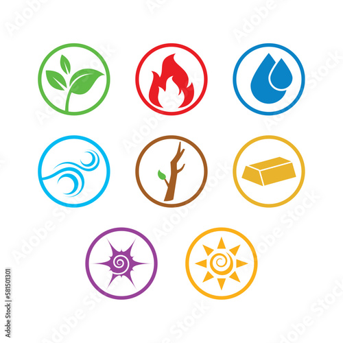 Five elements and nature symbols icon set vector. Earth, fire, water, air, wood, metal, ether, sun simple round graphic design element isolated on a white background
