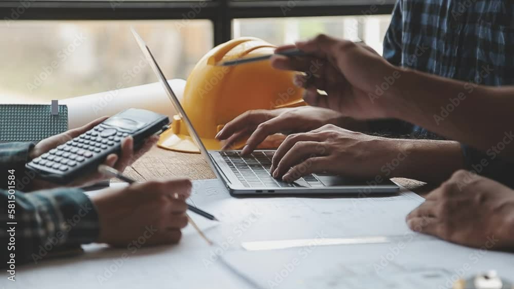 Construction and structure concept of Engineer or architect meeting for project working with partner and engineering tools on model building and blueprint in working site, contract for both companies.
