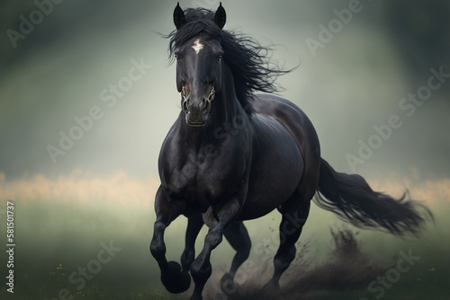 a black horse from the front running in a field Generative AI