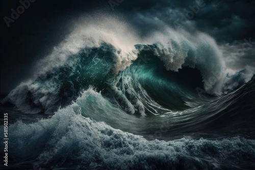 Sea foam in the ocean is being removed. Storm waves and dark water. Generative AI