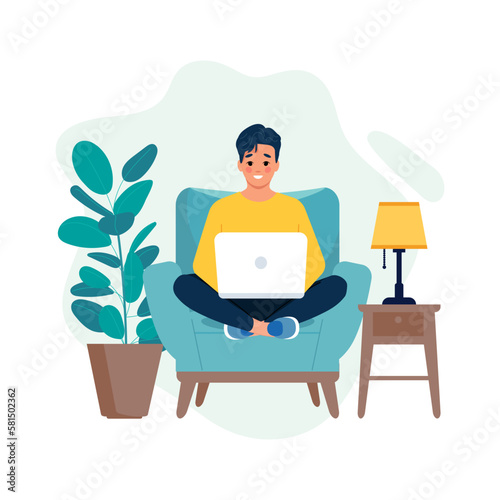 Man sitting on a chair with a laptop. Concept of online education or remote work. Vector illustration in a flat style
